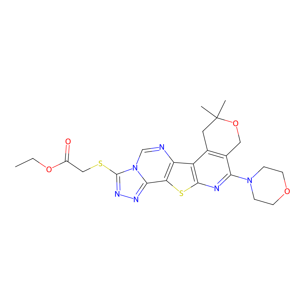 ethyl 2-((8,8-dimethyl-11-morpholino-8,10-dihydro-7H-pyrano[4'',3'':4',5']pyrido[3',2':4,5]thieno[2,3-e][1,2,4]triazolo[4,3-c]pyrimidin-3-yl)thio)acetate molecular structure, CAS 672281-24-2