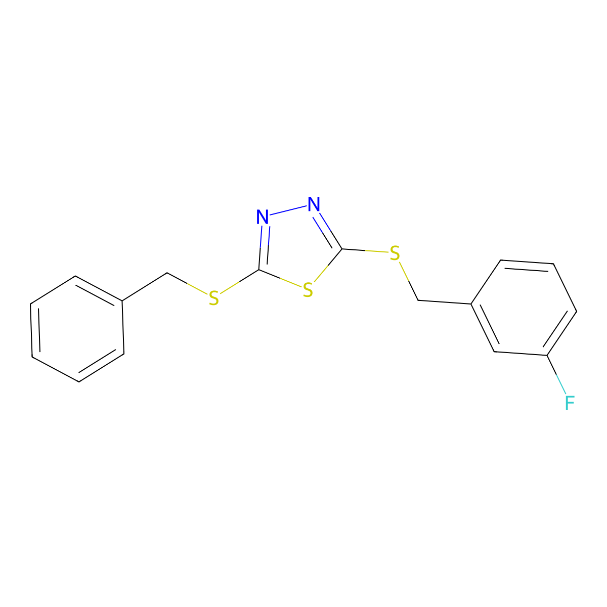 2-(Benzylthio)-5-((3-fluorobenzyl)thio)-1,3,4-thiadiazole molecular structure, CAS 672283-52-2