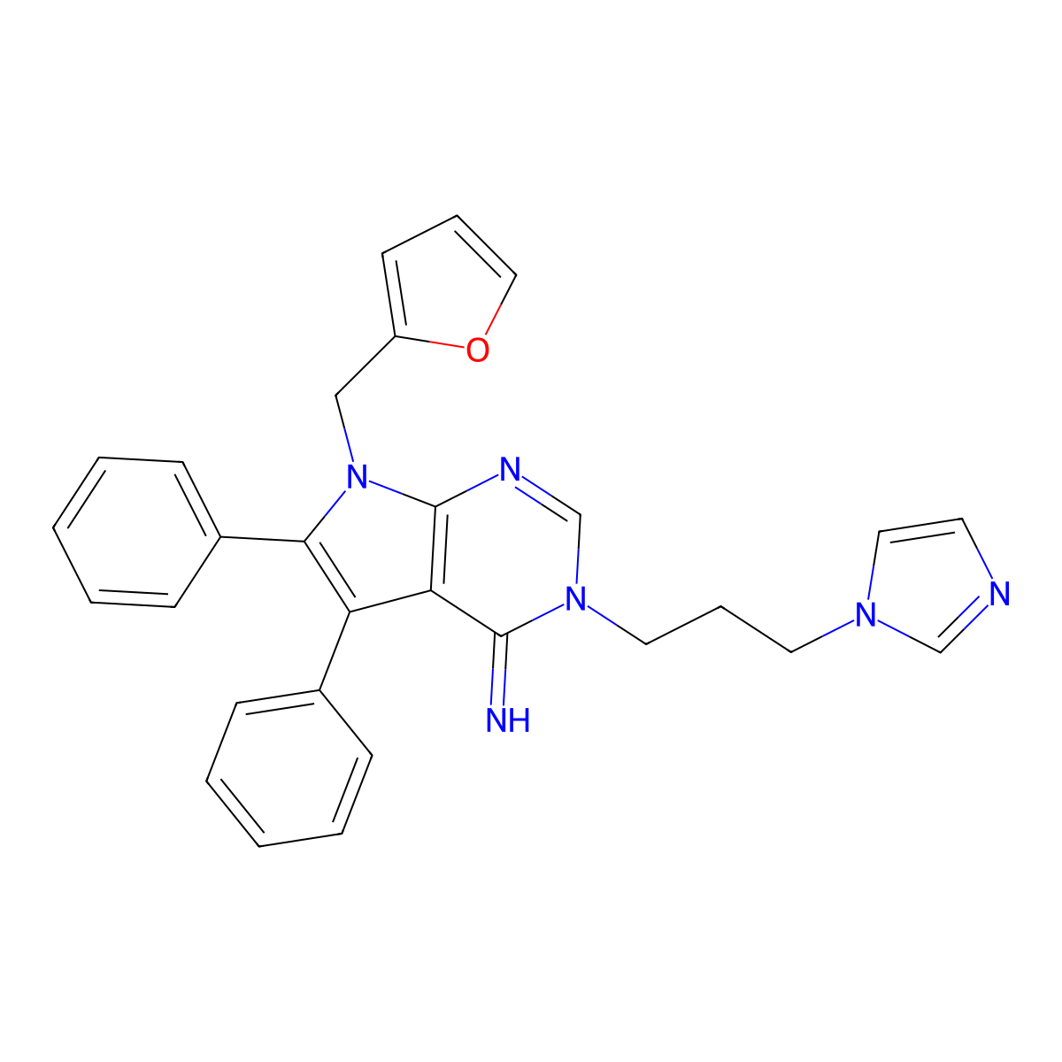 7-(Furan-2-ylmethyl)-3-(3-imidazol-1-ylpropyl)-5,6-diphenylpyrrolo[2,3-d]pyrimidin-4-imine molecular structure, CAS 672284-19-4