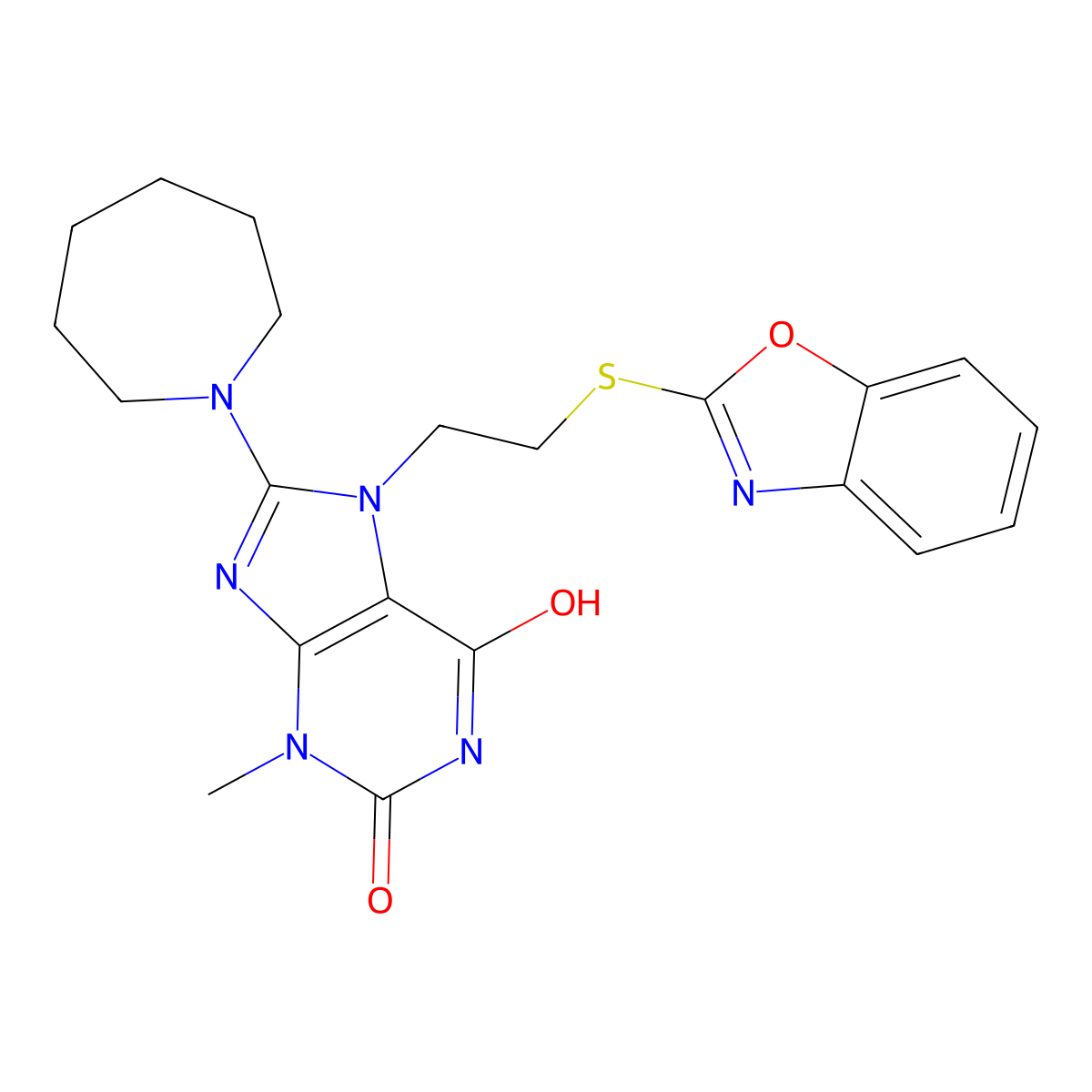 8-(azepan-1-yl)-7-(2-(benzo[d]oxazol-2-ylthio)ethyl)-3-methyl-1H-purine-2,6(3H,7H)-dione molecular structure, CAS 672318-16-0