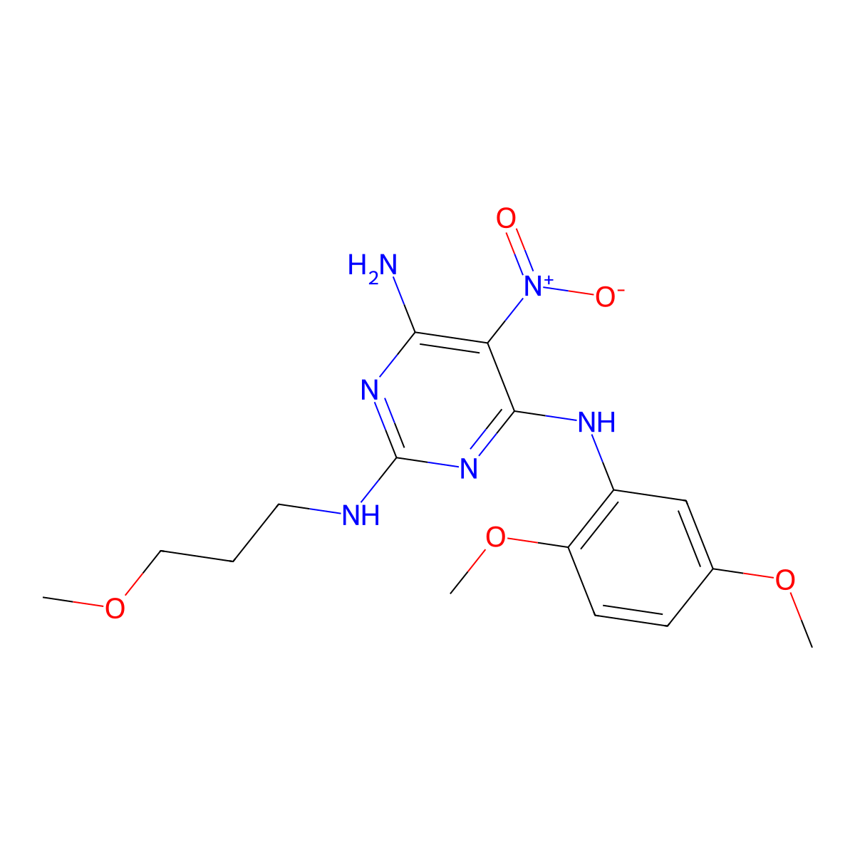 N4-(2,5-dimethoxyphenyl)-N2-(3-methoxypropyl)-5-nitropyrimidine-2,4,6-triamine molecular structure, CAS 672319-24-3
