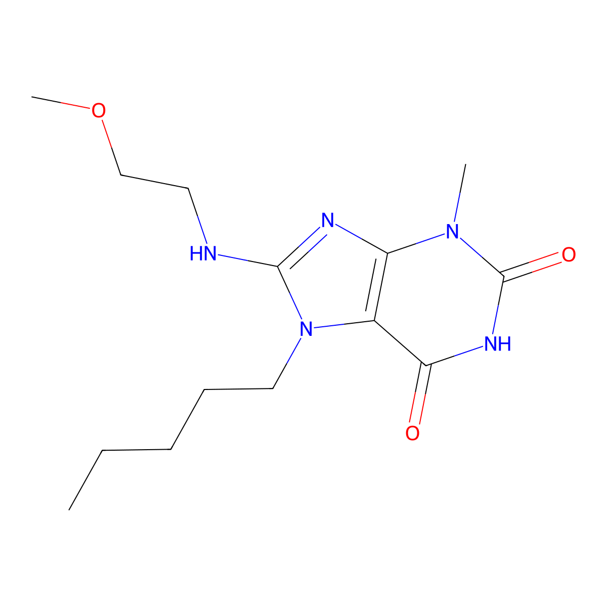 8-((2-methoxyethyl)amino)-3-methyl-7-pentyl-1H-purine-2,6(3H,7H)-dione molecular structure, CAS 672320-60-4