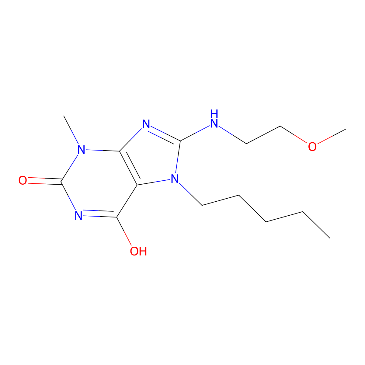 8-((2-methoxyethyl)amino)-3-methyl-7-pentyl-1H-purine-2,6(3H,7H)-dione molecular structure, CAS 672320-60-4