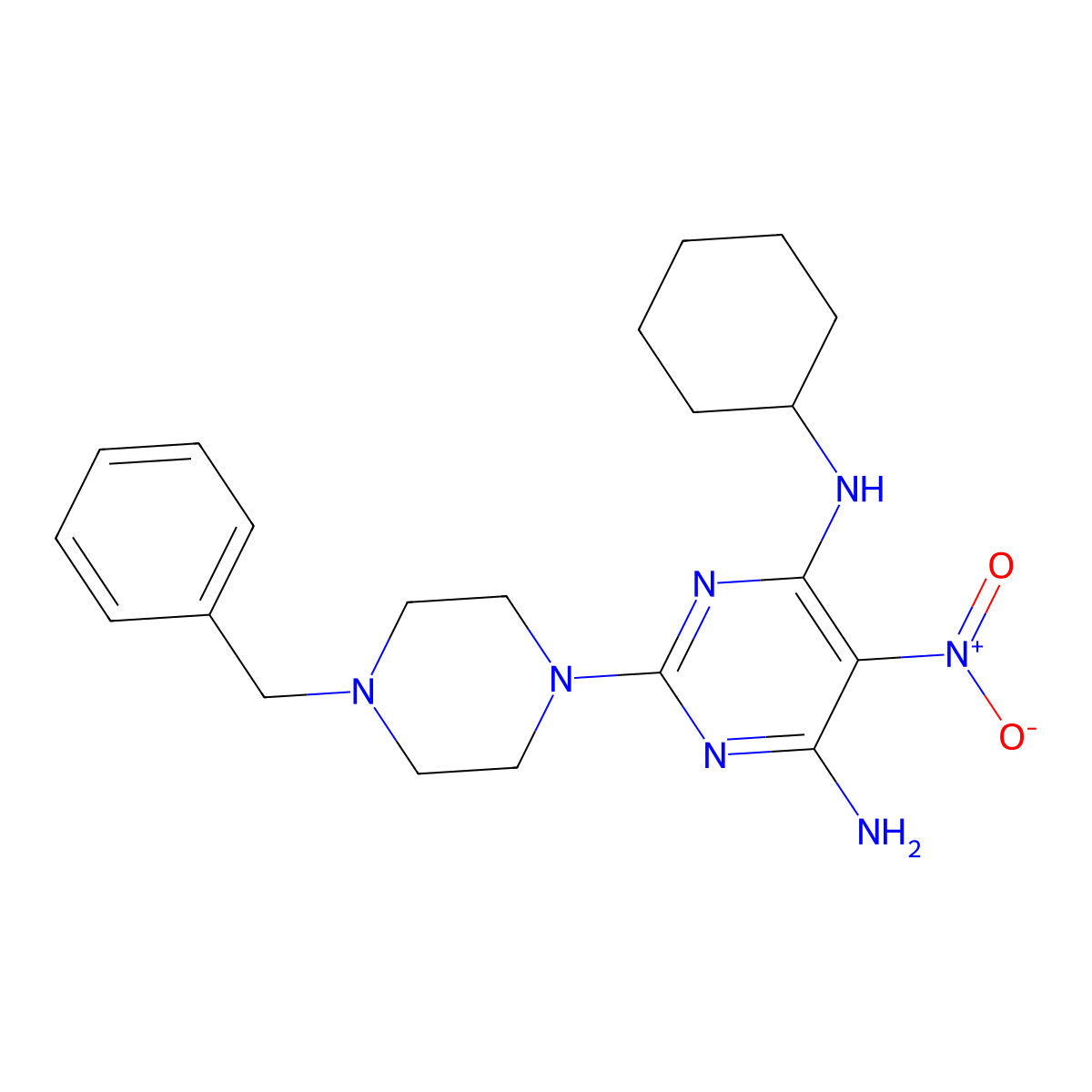 2-(4-benzylpiperazin-1-yl)-N4-cyclohexyl-5-nitropyrimidine-4,6-diamine molecular structure, CAS 672320-83-1