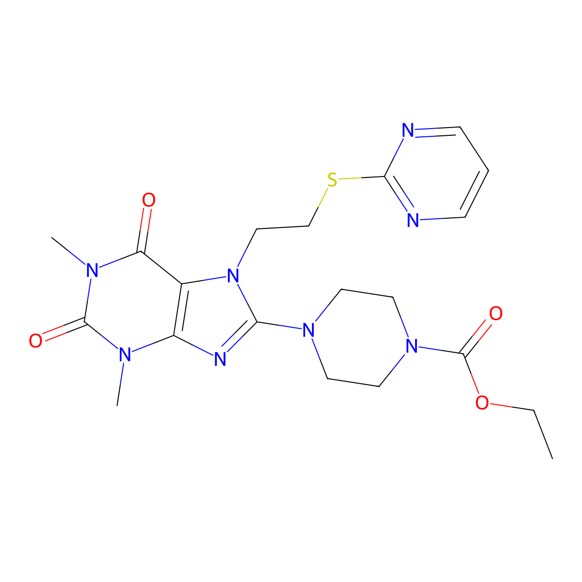 ethyl 4-{1,3-dimethyl-2,6-dioxo-7-[2-(pyrimidin-2-ylsulfanyl)ethyl]-2,3,6,7-tetrahydro-1H-purin-8-yl}piperazine-1-carboxylate molecular structure, CAS 672321-73-2