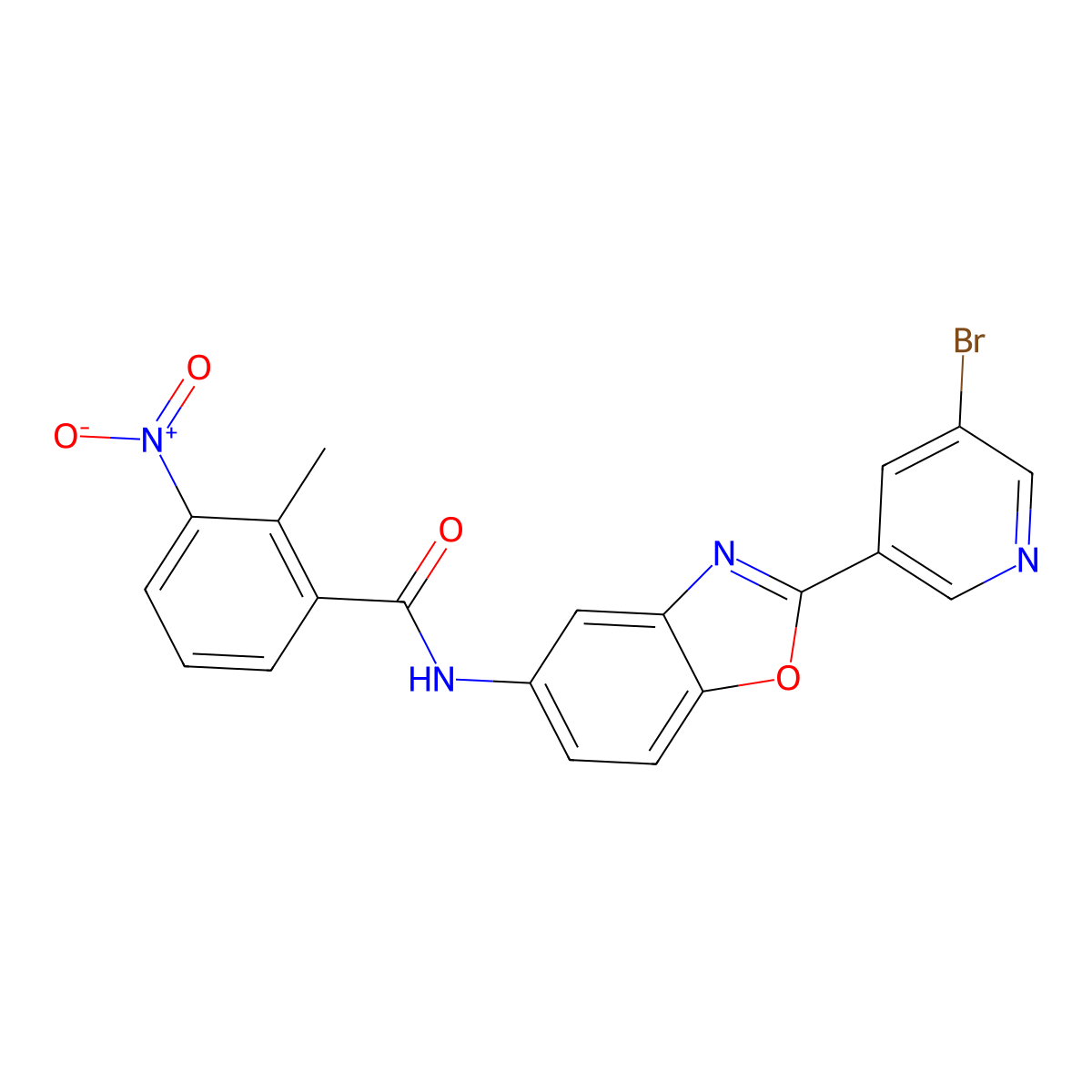 N-[2-(5-bromopyridin-3-yl)-1,3-benzoxazol-5-yl]-2-methyl-3-nitrobenzamide molecular structure, CAS 672322-11-1