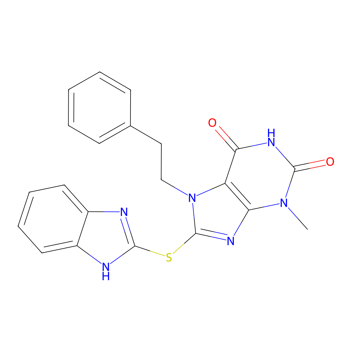 8-(1H-Benzoimidazol-2-ylsulfanyl)-3-methyl-7-phenethyl-3,7-dihydro-purine-2,6-dione molecular structure, CAS 672323-50-1