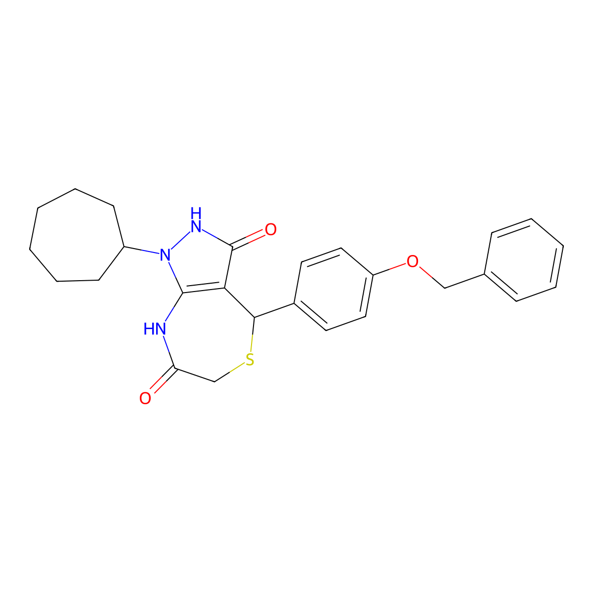 1-cycloheptyl-4-(4-phenylmethoxyphenyl)-4,8-dihydro-2H-pyrazolo[3,4-e][1,4]thiazepine-3,7-dione molecular structure, CAS 672323-90-9