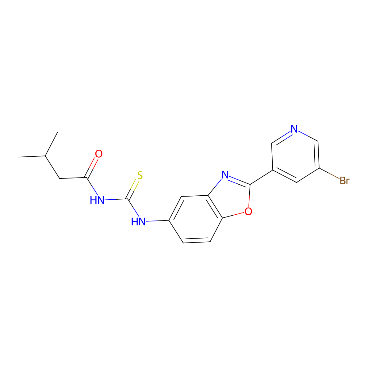 N-[[2-(5-bromopyridin-3-yl)-1,3-benzoxazol-5-yl]carbamothioyl]-3-methylbutanamide molecular structure, CAS 672330-48-2