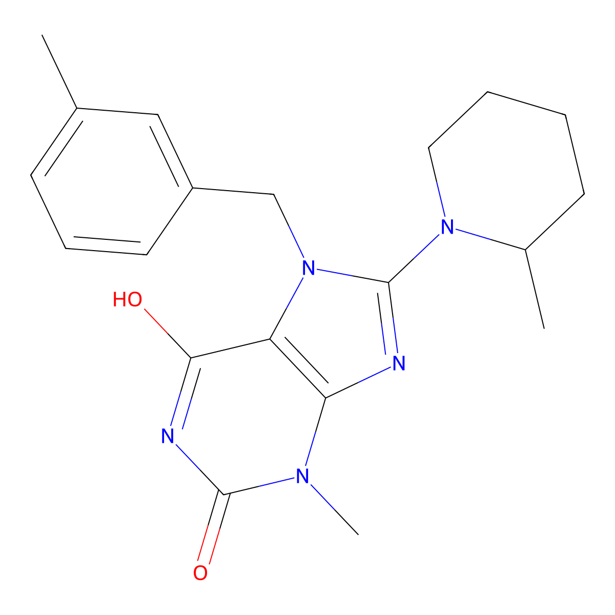 3-Methyl-7-[(3-methylphenyl)methyl]-8-(2-methylpiperidin-1-yl)purine-2,6-dione molecular structure, CAS 672330-52-8