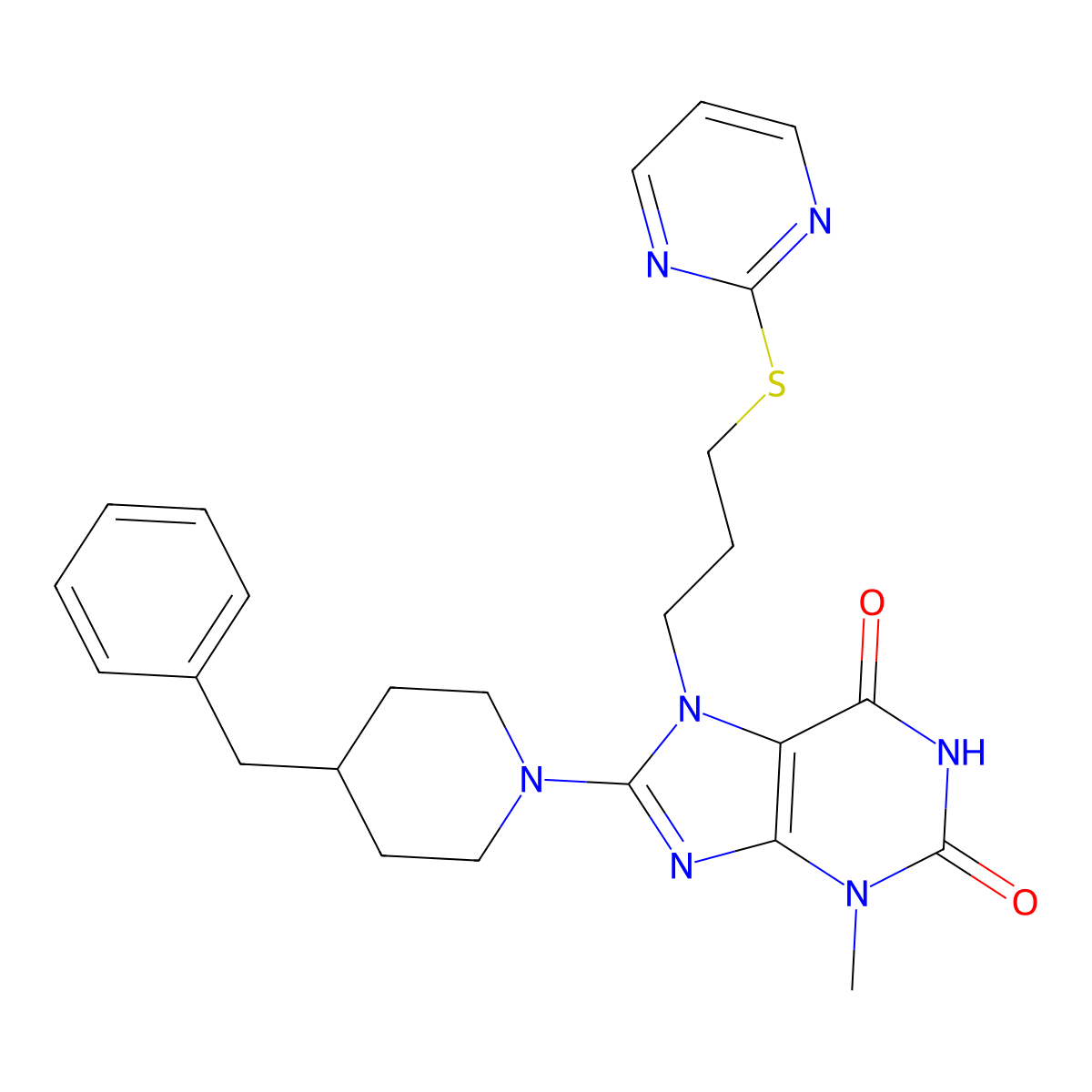 8-(4-benzylpiperidin-1-yl)-3-methyl-7-[3-(pyrimidin-2-ylsulfanyl)propyl]-2,3,6,7-tetrahydro-1H-purine-2,6-dione molecular structure, CAS 672331-11-2