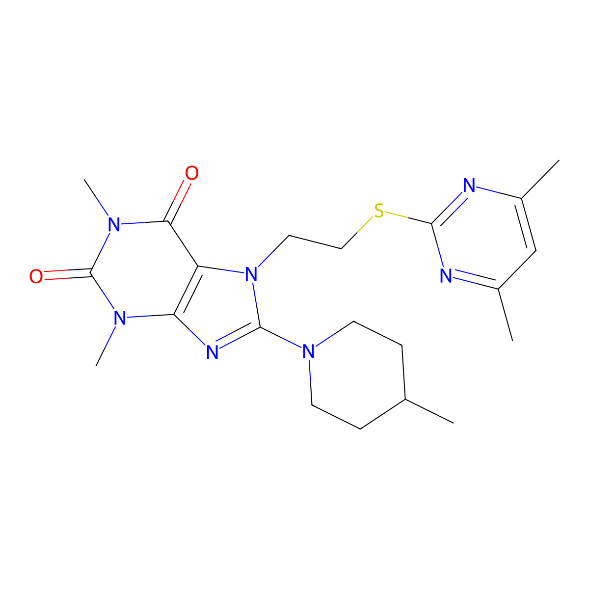 7-[2-(4,6-Dimethyl-pyrimidin-2-ylsulfanyl)-ethyl]-1,3-dimethyl-8-(4-methyl-piperidin-1-yl)-3,7-dihydro-purine-2,6-dione molecular structure, CAS 672331-27-0
