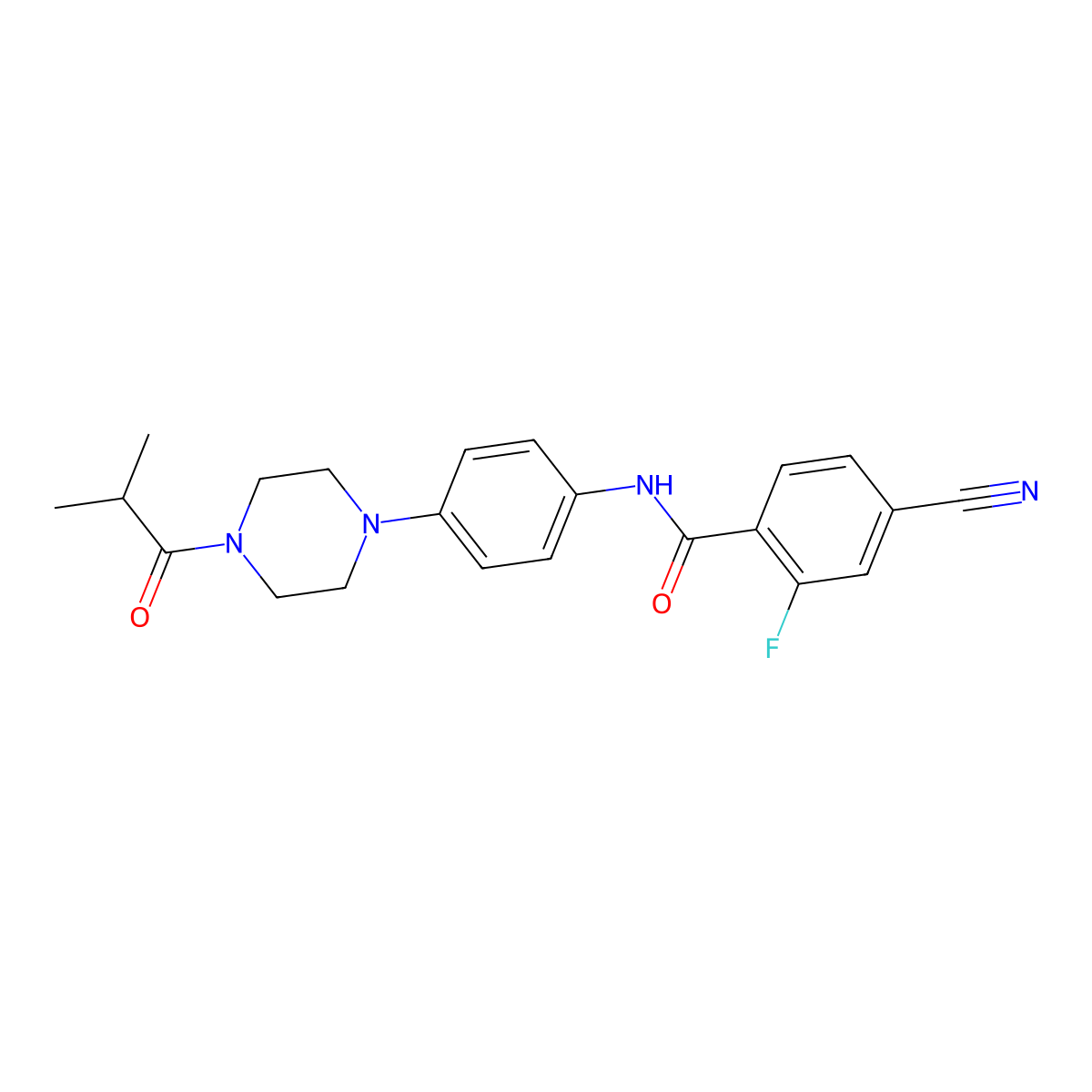 4-cyano-2-fluoro-N-[4-[4-(2-methylpropanoyl)piperazin-1-yl]phenyl]benzamide molecular structure, CAS 672332-00-2