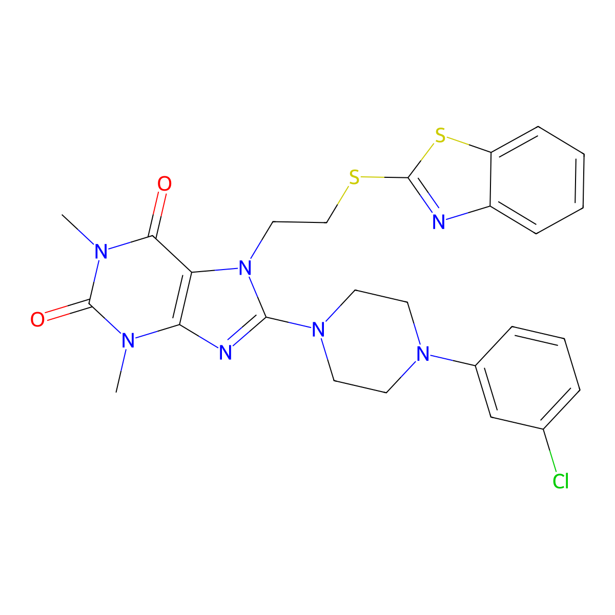 7-(2-(benzo[d]thiazol-2-ylthio)ethyl)-8-(4-(3-chlorophenyl)piperazin-1-yl)-1,3-dimethyl-1H-purine-2,6(3H,7H)-dione molecular structure, CAS 672332-08-0