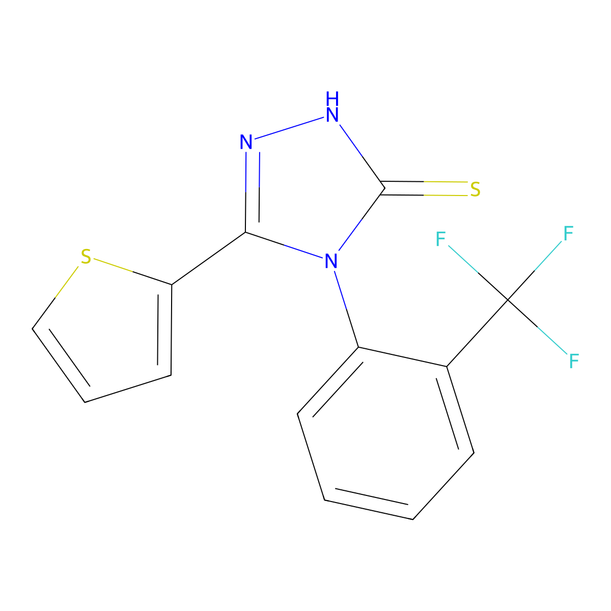 3-thiophen-2-yl-4-[2-(trifluoromethyl)phenyl]-1H-1,2,4-triazole-5-thione molecular structure, CAS 672332-42-2