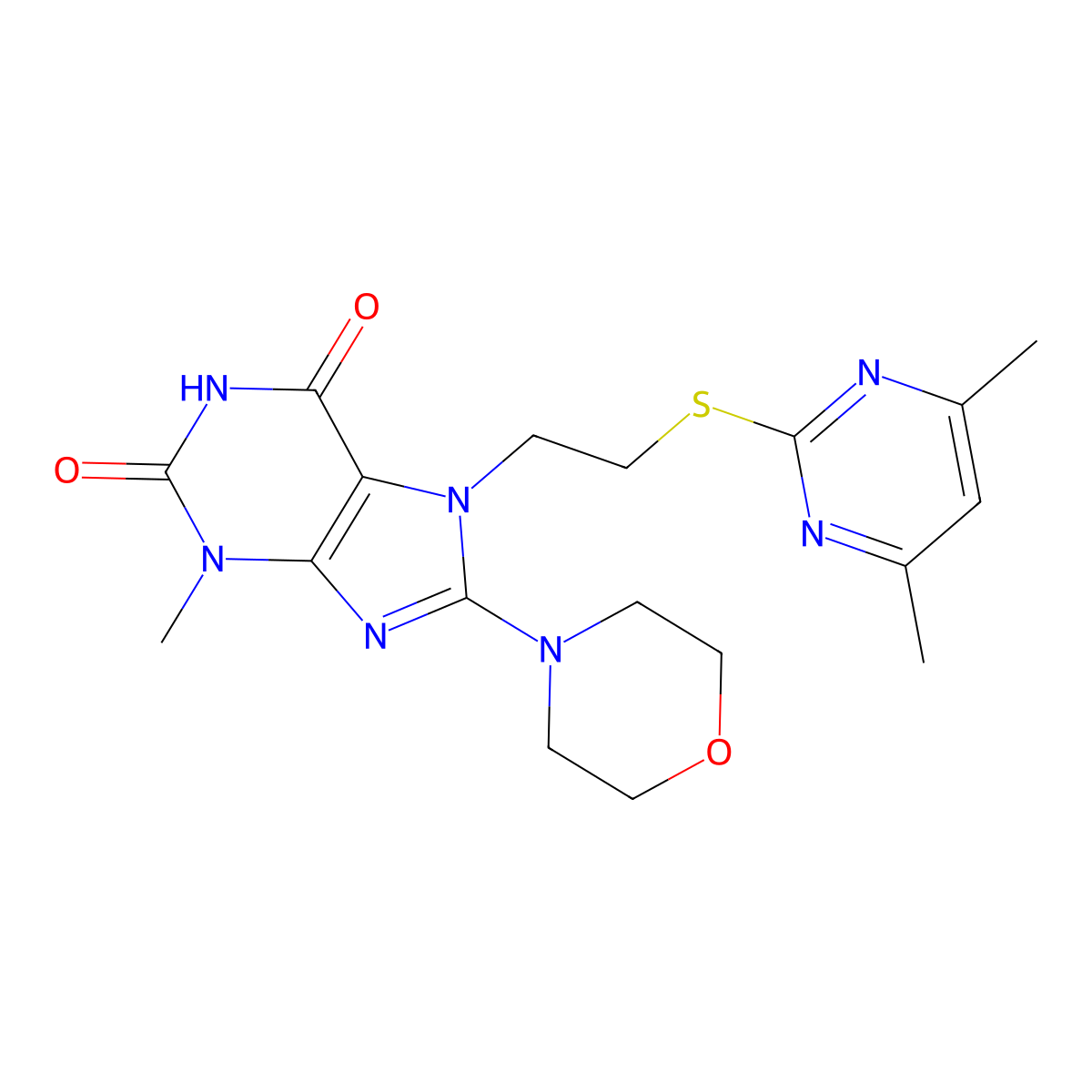 7-{2-[(4,6-dimethylpyrimidin-2-yl)thio]ethyl}-3-methyl-8-morpholin-4-yl-3,7-dihydro-1H-purine-2,6-dione molecular structure, CAS 672332-47-7