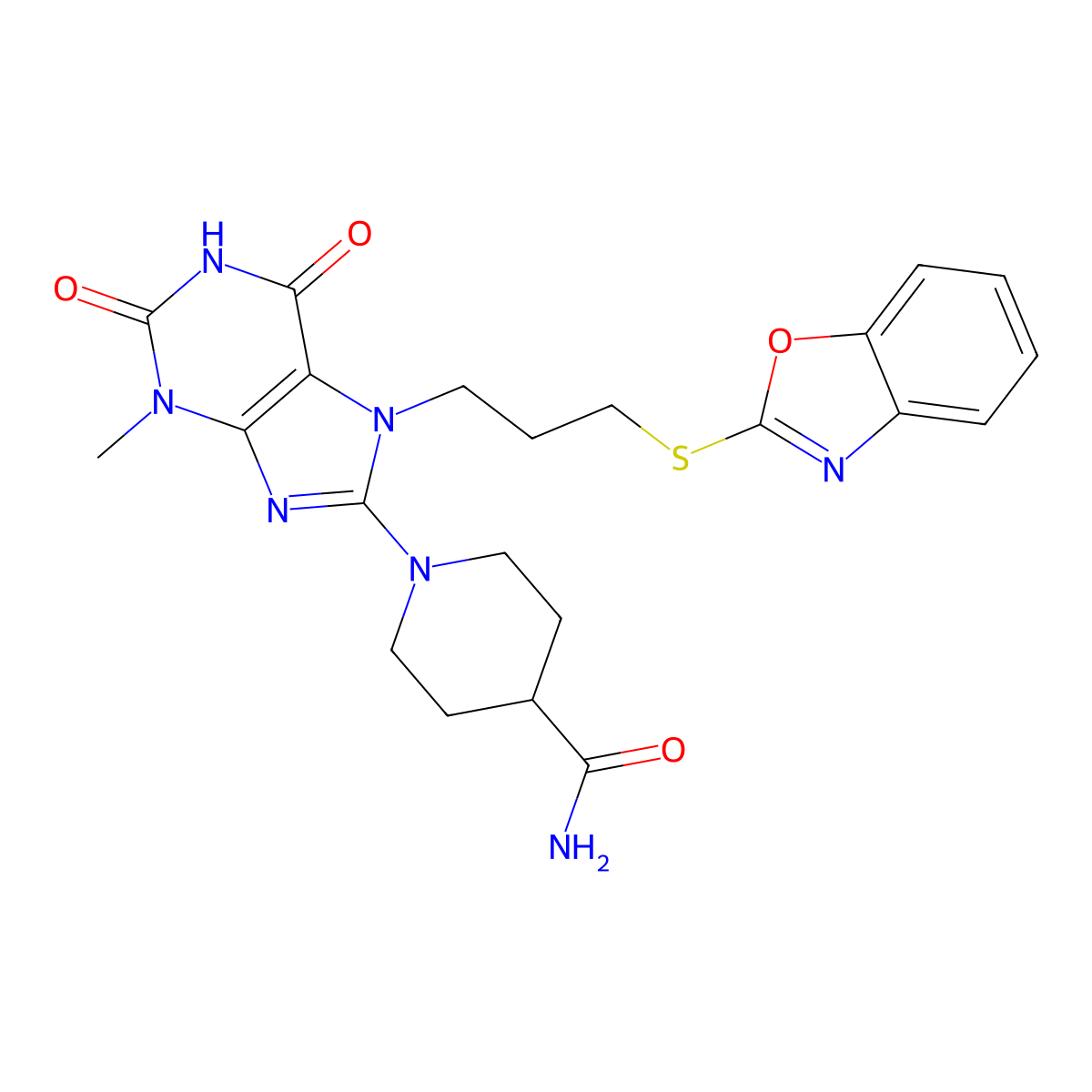 1-(7-(3-(benzo[d]oxazol-2-ylthio)propyl)-3-methyl-2,6-dioxo-2,3,6,7-tetrahydro-1H-purin-8-yl)piperidine-4-carboxamide molecular structure, CAS 672332-53-5