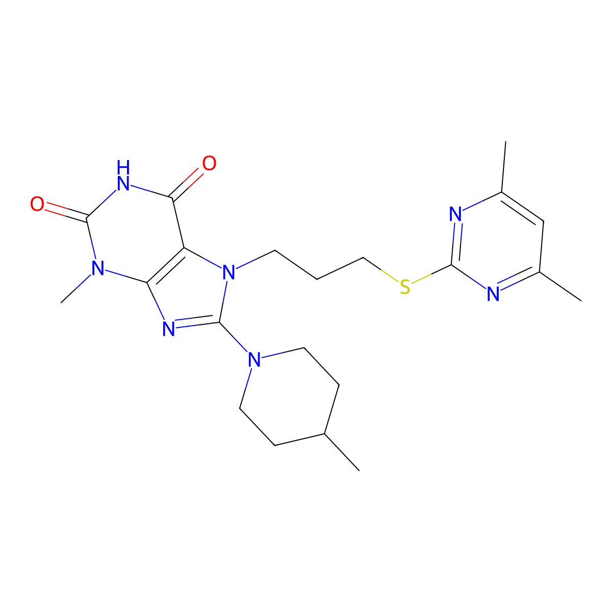 7-[3-(4,6-Dimethylpyrimidin-2-yl)sulfanylpropyl]-3-methyl-8-(4-methylpiperidin-1-yl)purine-2,6-dione molecular structure, CAS 672332-67-1