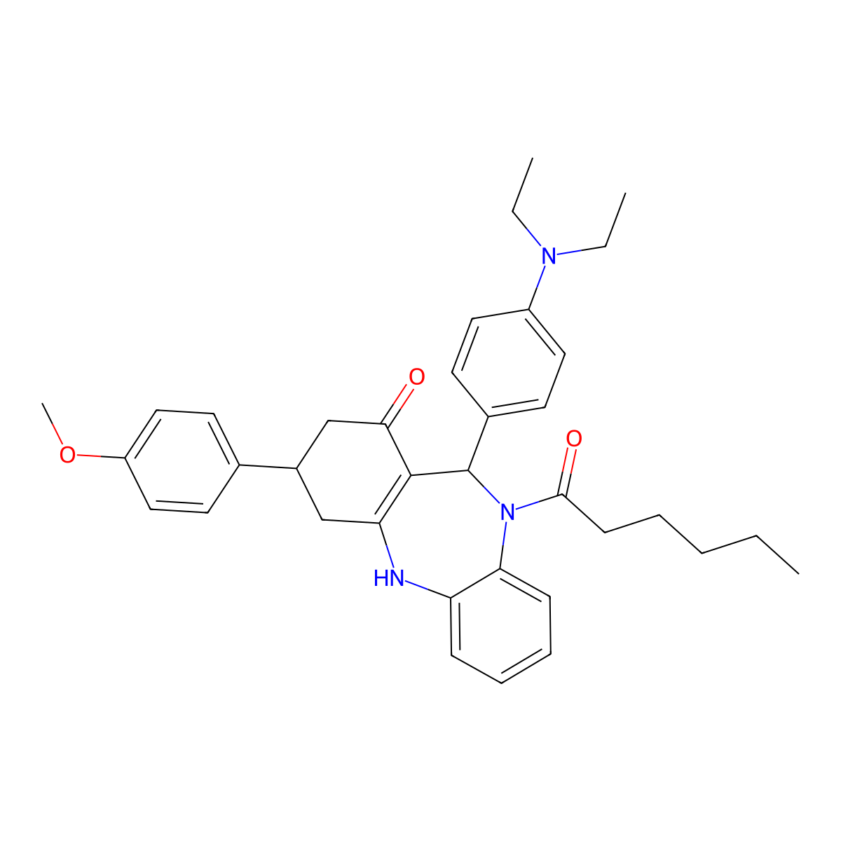 6-[4-(diethylamino)phenyl]-5-hexanoyl-9-(4-methoxyphenyl)-8,9,10,11-tetrahydro-6H-benzo[b][1,4]benzodiazepin-7-one molecular structure, CAS 672332-73-9