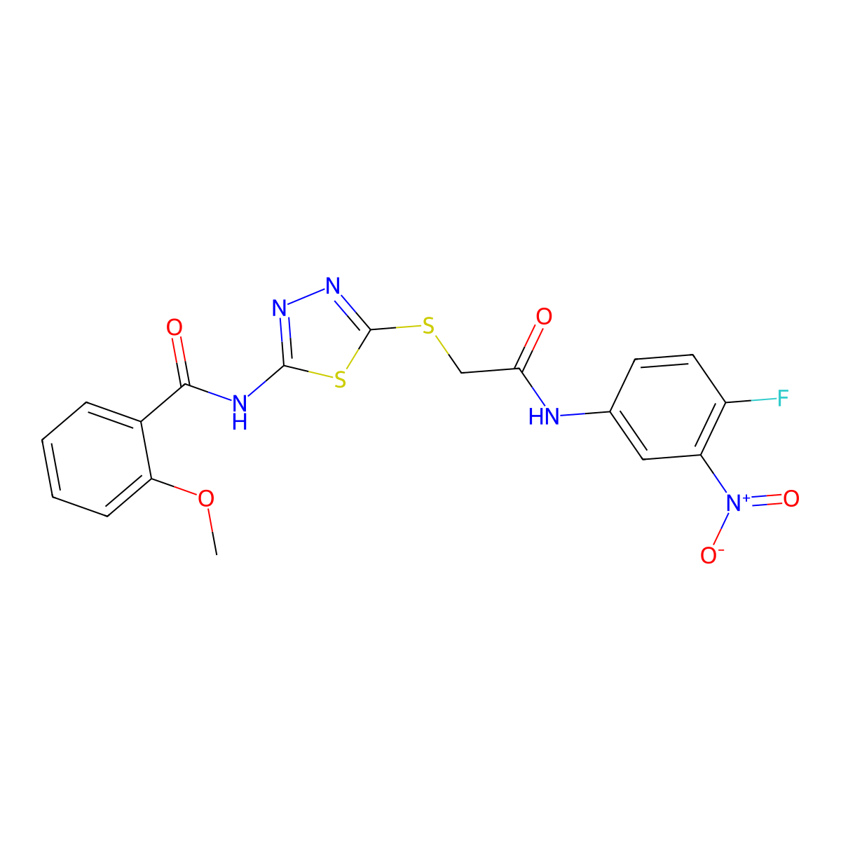 N-[5-[2-(4-fluoro-3-nitroanilino)-2-oxoethyl]sulfanyl-1,3,4-thiadiazol-2-yl]-2-methoxybenzamide molecular structure, CAS 672332-81-9