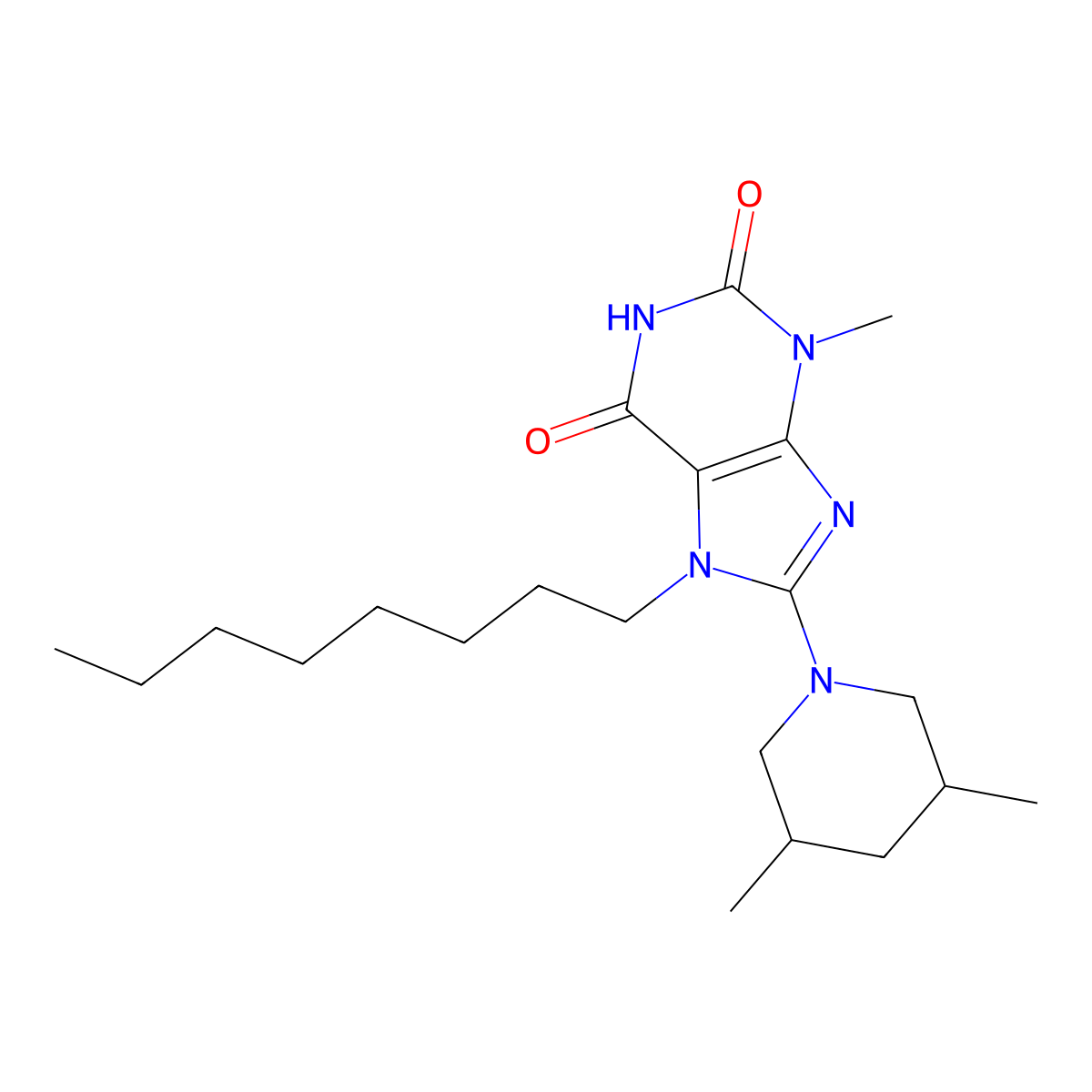 8-(3,5-Dimethylpiperidin-1-yl)-3-methyl-7-octylpurine-2,6-dione molecular structure, CAS 672338-09-9