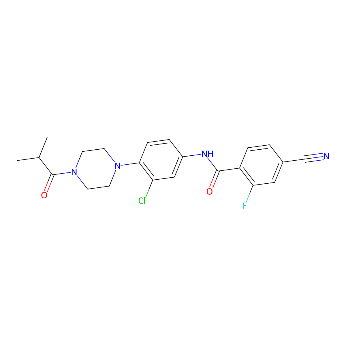 N-[3-chloro-4-[4-(2-methylpropanoyl)piperazin-1-yl]phenyl]-4-cyano-2-fluorobenzamide molecular structure, CAS 672338-38-4