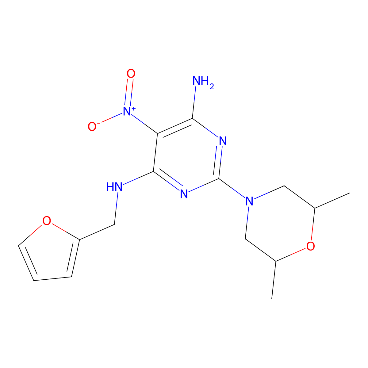 2-(2,6-dimethylmorpholino)-N4-(furan-2-ylmethyl)-5-nitropyrimidine-4,6-diamine molecular structure, CAS 672340-00-0