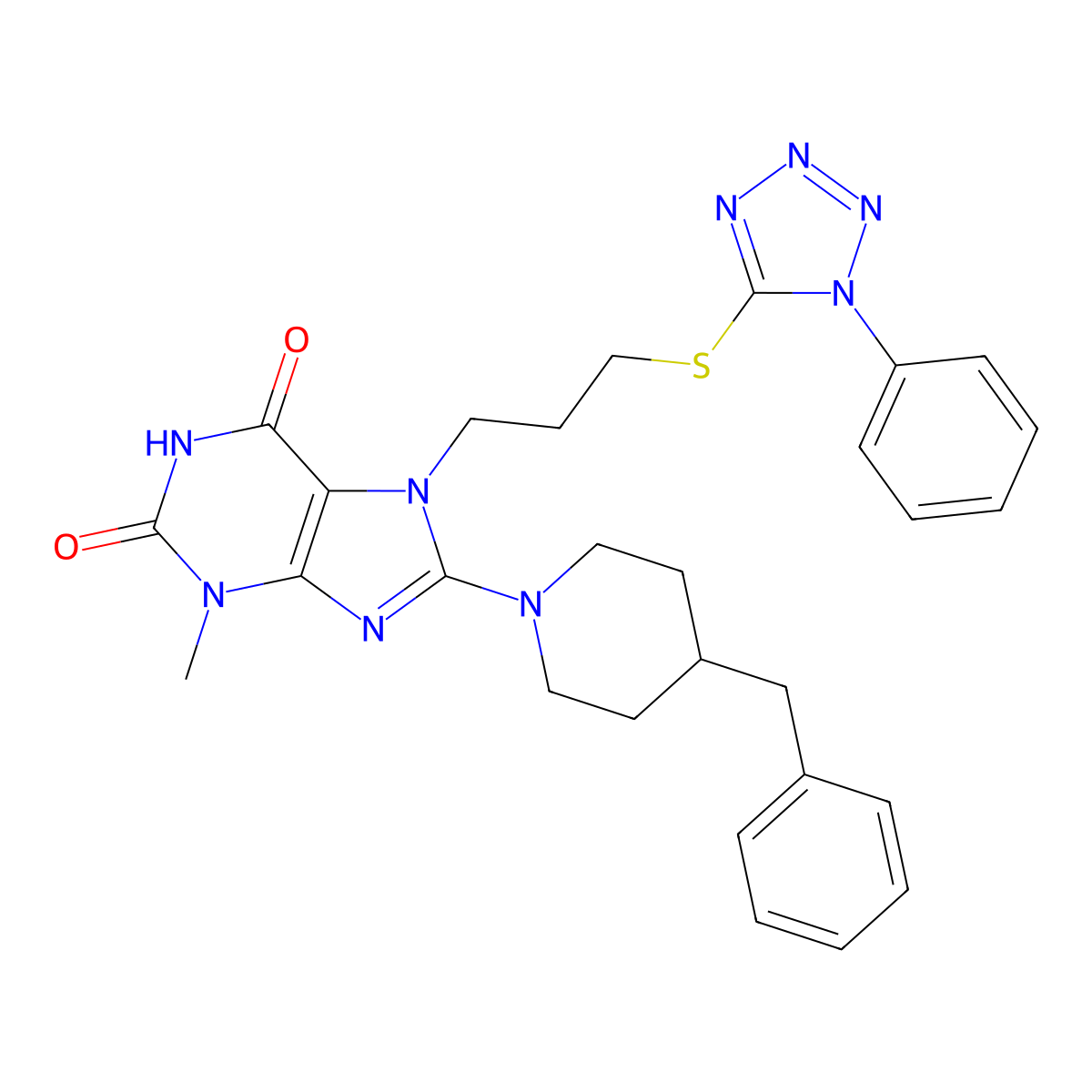 8-(4-benzylpiperidin-1-yl)-3-methyl-7-(3-((1-phenyl-1H-tetrazol-5-yl)thio)propyl)-1H-purine-2,6(3H,7H)-dione molecular structure, CAS 672341-93-4