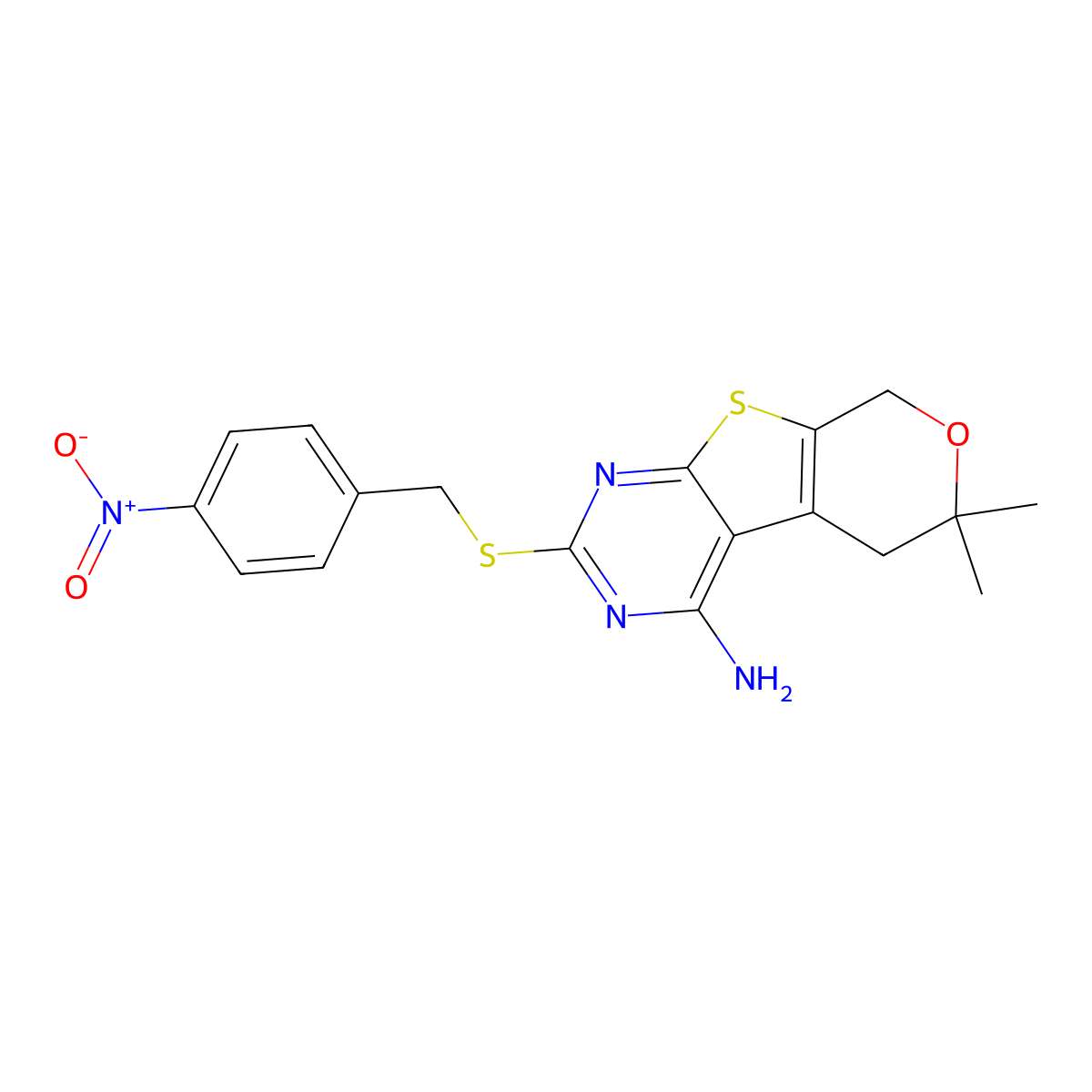 6,6-Dimethyl-2-[(4-nitrophenyl)methylsulfanyl]-5,8-dihydropyrano[4,5]thieno[1,2-c]pyrimidin-4-amine molecular structure, CAS 672341-96-7