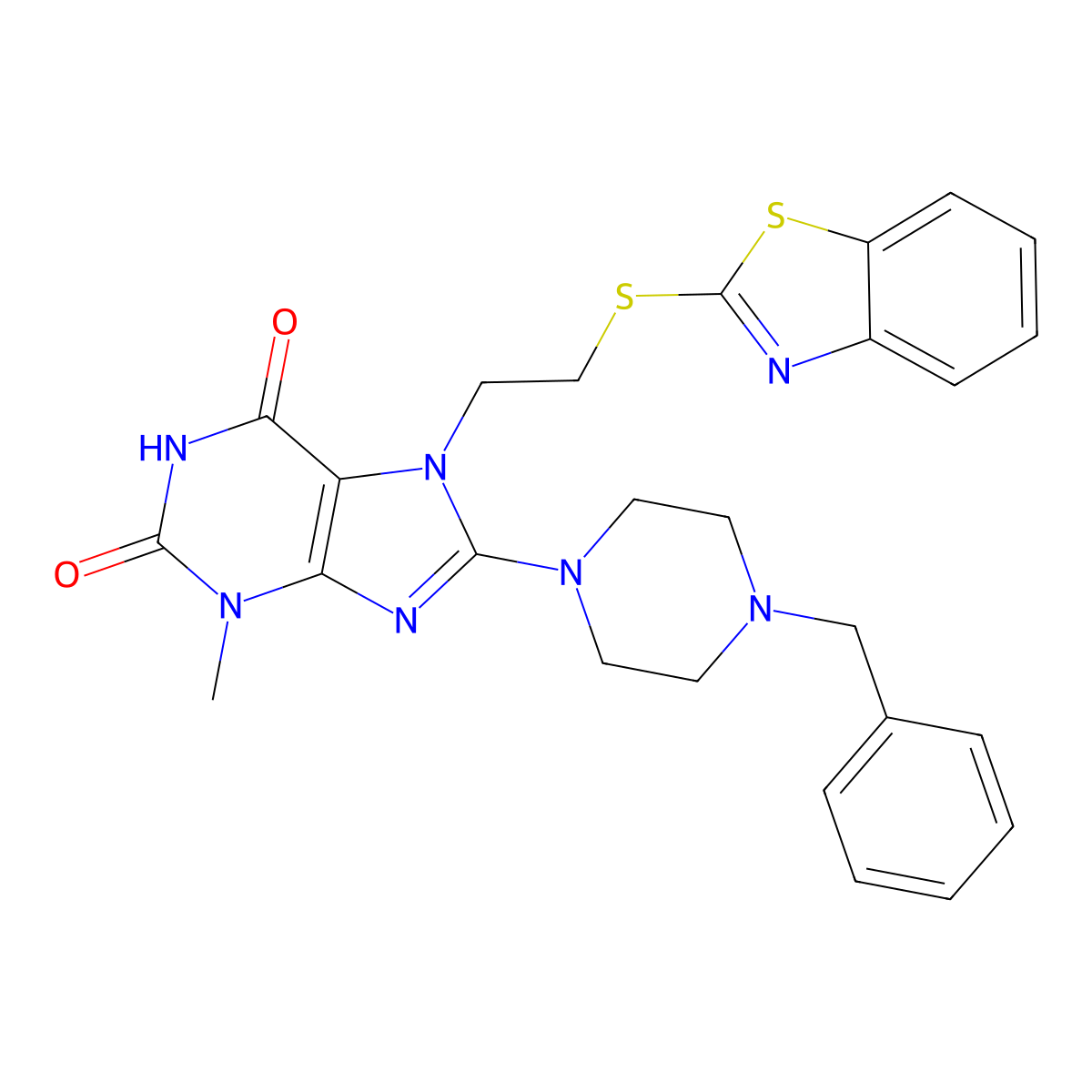 7-(2-(benzo[d]thiazol-2-ylthio)ethyl)-8-(4-benzylpiperazin-1-yl)-3-methyl-1H-purine-2,6(3H,7H)-dione molecular structure, CAS 672342-20-0