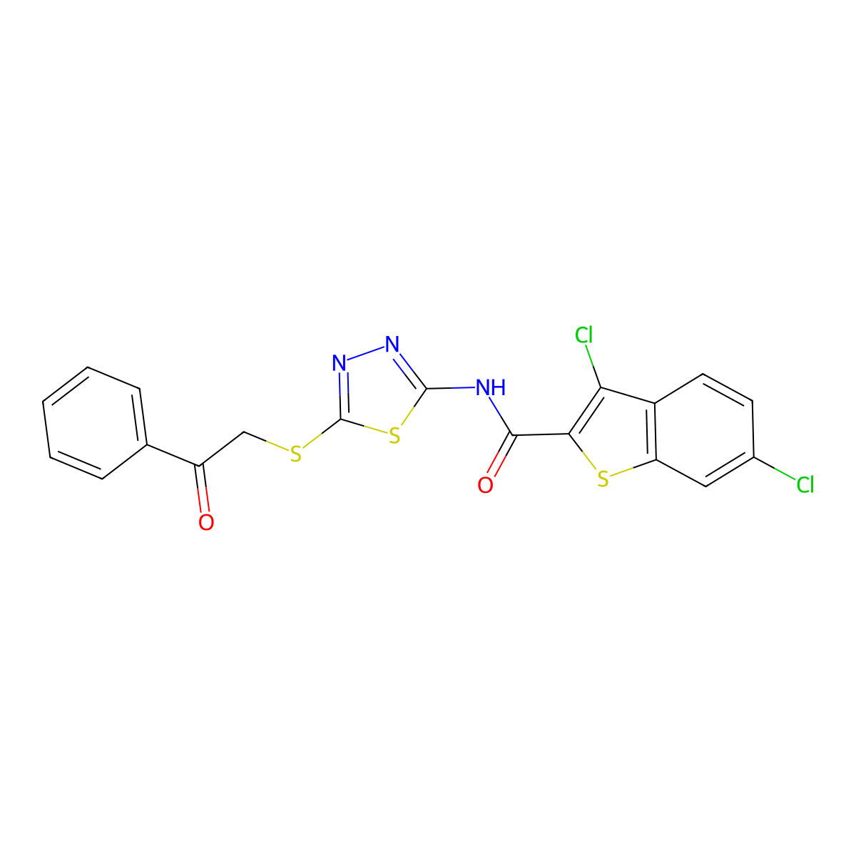 3,6-dichloro-N-{5-[(2-oxo-2-phenylethyl)sulfanyl]-1,3,4-thiadiazol-2-yl}-1-benzothiophene-2-carboxamide molecular structure, CAS 672342-30-2