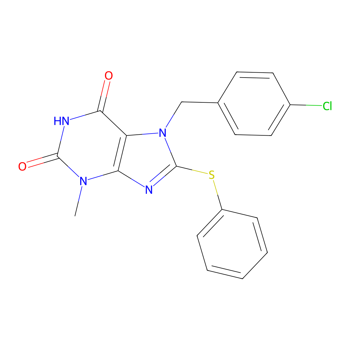 7-[(4-Chlorophenyl)methyl]-3-methyl-8-phenylsulfanylpurine-2,6-dione molecular structure, CAS 672342-61-9