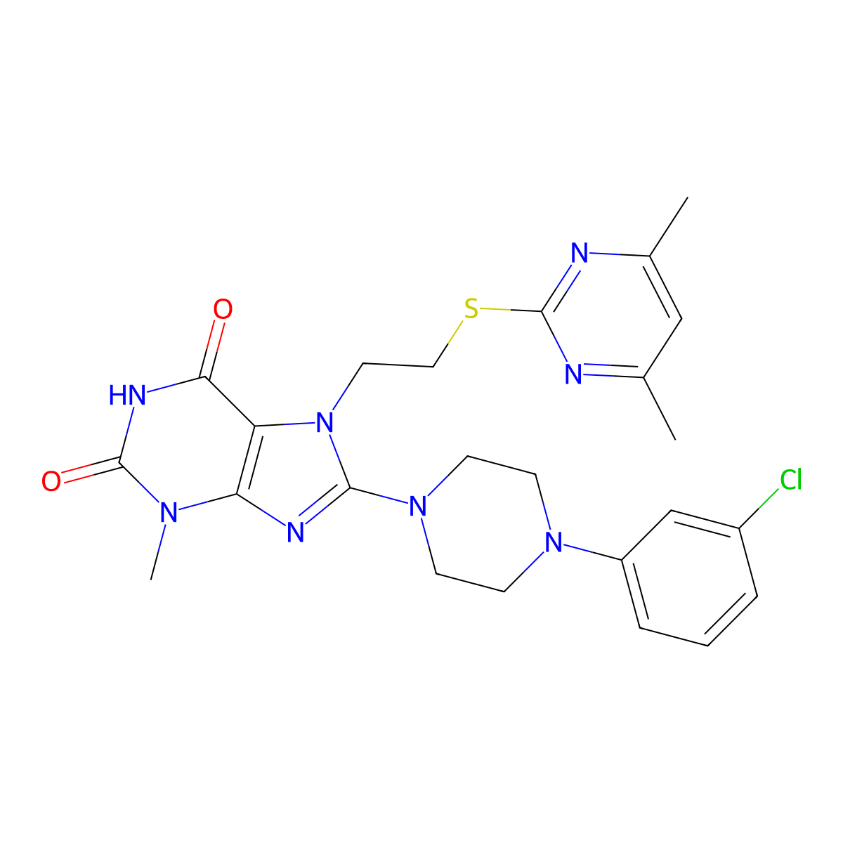 8-[4-(3-Chlorophenyl)piperazin-1-yl]-7-[2-(4,6-dimethylpyrimidin-2-yl)sulfanylethyl]-3-methylpurine-2,6-dione molecular structure, CAS 672342-94-8