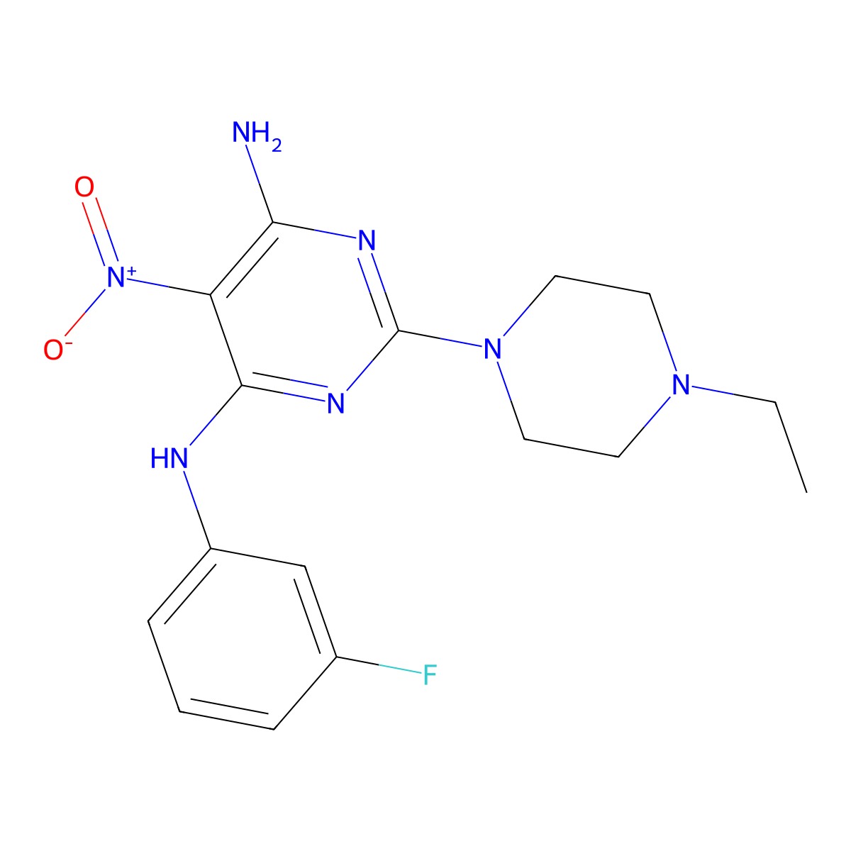 2-(4-ethylpiperazin-1-yl)-N4-(3-fluorophenyl)-5-nitropyrimidine-4,6-diamine molecular structure, CAS 672343-01-0