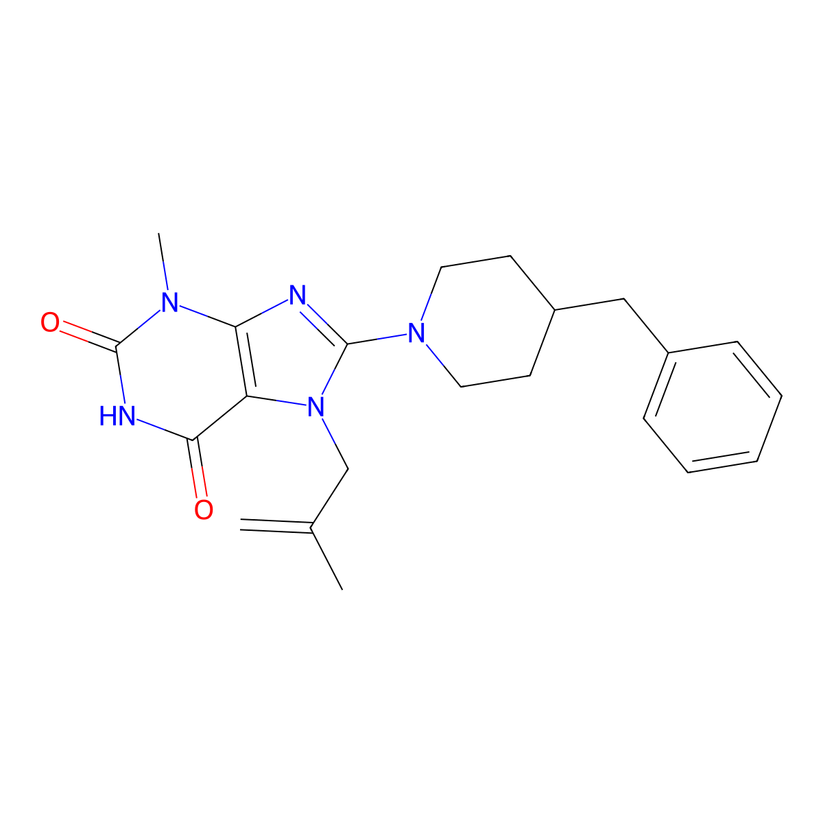 8-(4-Benzyl-piperidin-1-yl)-3-methyl-7-(2-methyl-allyl)-3,7-dihydro-purine-2,6-dione molecular structure, CAS 672343-65-6