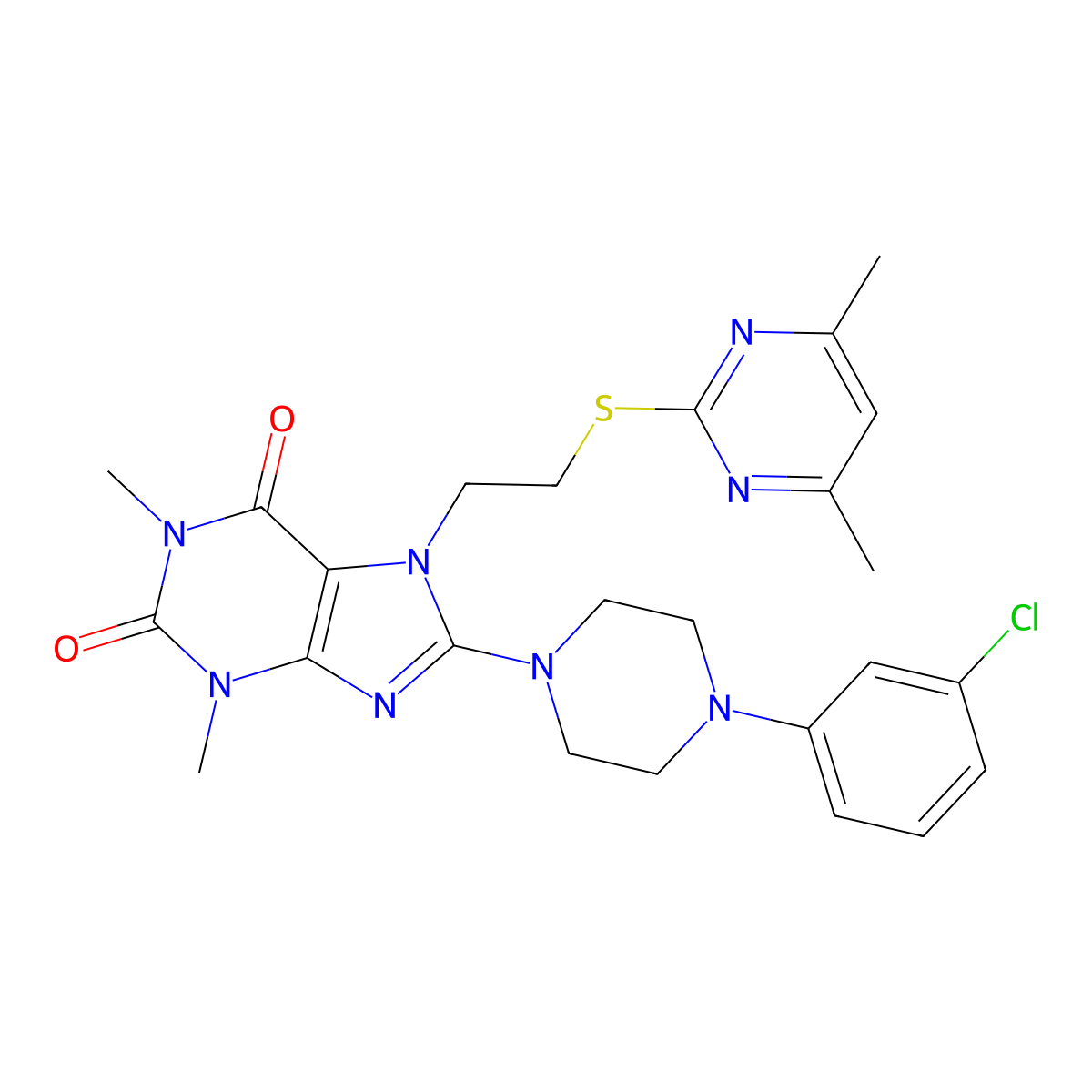 8-[4-(3-Chlorophenyl)piperazin-1-yl]-7-[2-(4,6-dimethylpyrimidin-2-yl)sulfanylethyl]-1,3-dimethylpurine-2,6-dione molecular structure, CAS 672344-55-7