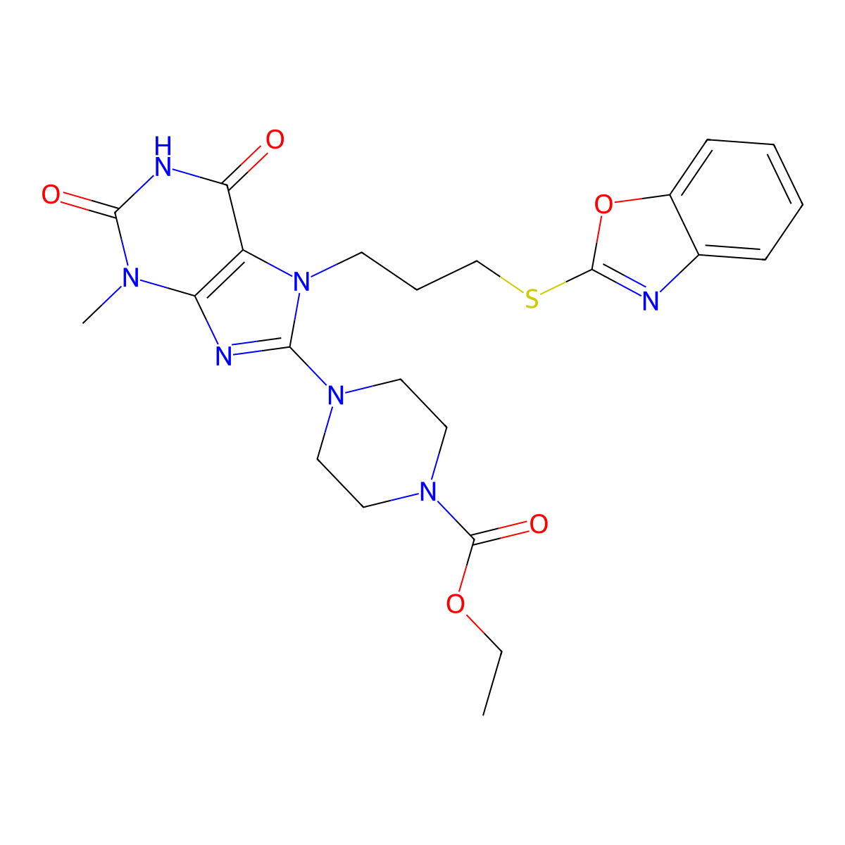 Ethyl 4-[7-[3-(1,3-benzoxazol-2-ylsulfanyl)propyl]-3-methyl-2,6-dioxopurin-8-yl]piperazine-1-carboxylate molecular structure, CAS 672344-58-0