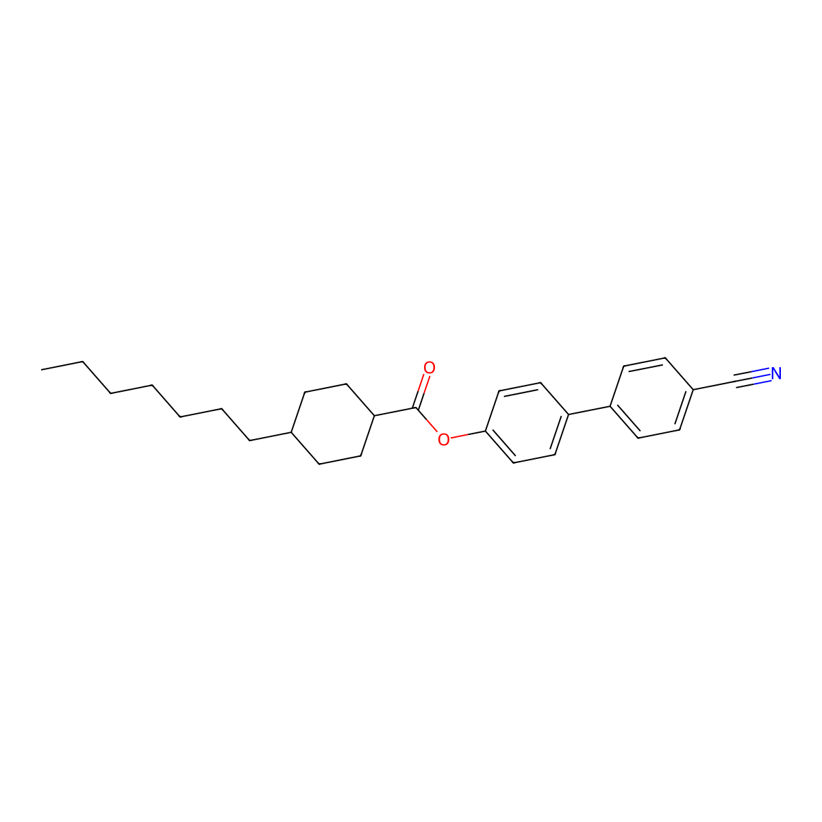 Cyclohexanecarboxylic acid, 4-heptyl-, 4'-cyano[1,1'-biphenyl]-4-yl ester, trans- molecular structure, CAS 67284-61-1