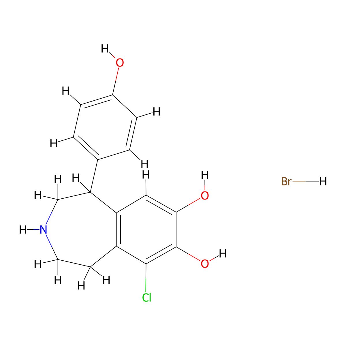 1H-3-Benzazepine-7,8-diol, 6-chloro-2,3,4,5-tetrahydro-1-(4-hydroxyphenyl)-, hydrobromide (1:1) molecular structure, CAS 67287-54-1