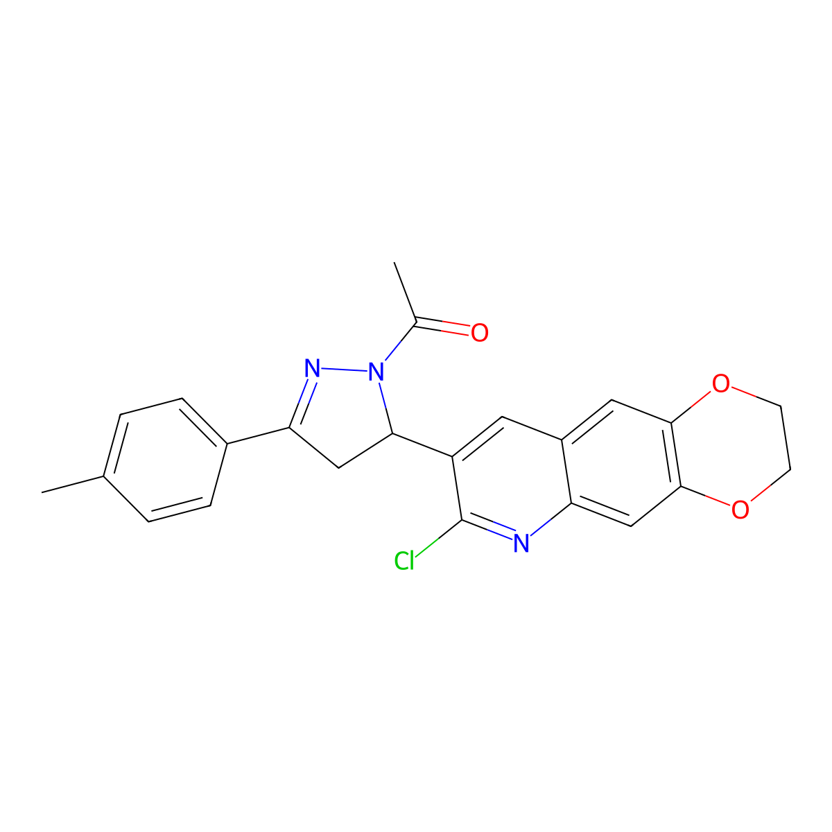 1-(5-(7-chloro-2,3-dihydro-[1,4]dioxino[2,3-g]quinolin-8-yl)-3-(p-tolyl)-4,5-dihydro-1H-pyrazol-1-yl)ethanone molecular structure, CAS 672886-95-2