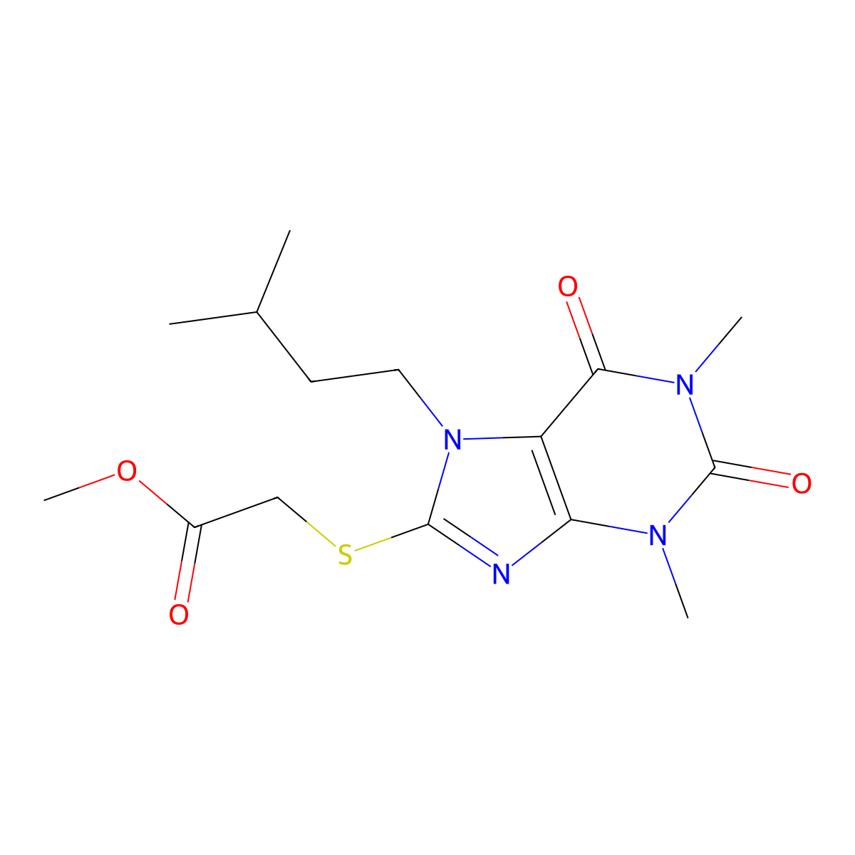 Methyl 2-[1,3-dimethyl-7-(3-methylbutyl)-2,6-dioxopurin-8-yl]sulfanylacetate molecular structure, CAS 672888-62-9