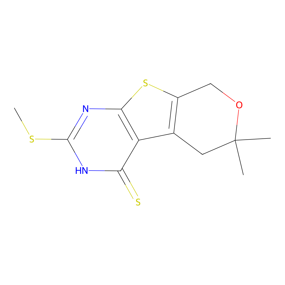 6,6-dimethyl-2-(methylsulfanyl)-3,5,6,8-tetrahydro-4H-pyrano[4',3':4,5]thieno[2,3-d]pyrimidine-4-thione molecular structure, CAS 672892-03-4