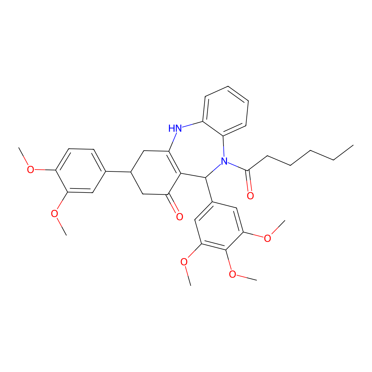 1-[3-(3,4-dimethoxyphenyl)-1-hydroxy-11-(3,4,5-trimethoxyphenyl)-2,3,4,11-tetrahydro-10H-dibenzo[b,e][1,4]diazepin-10-yl]hexan-1-one molecular structure, CAS 672894-53-0