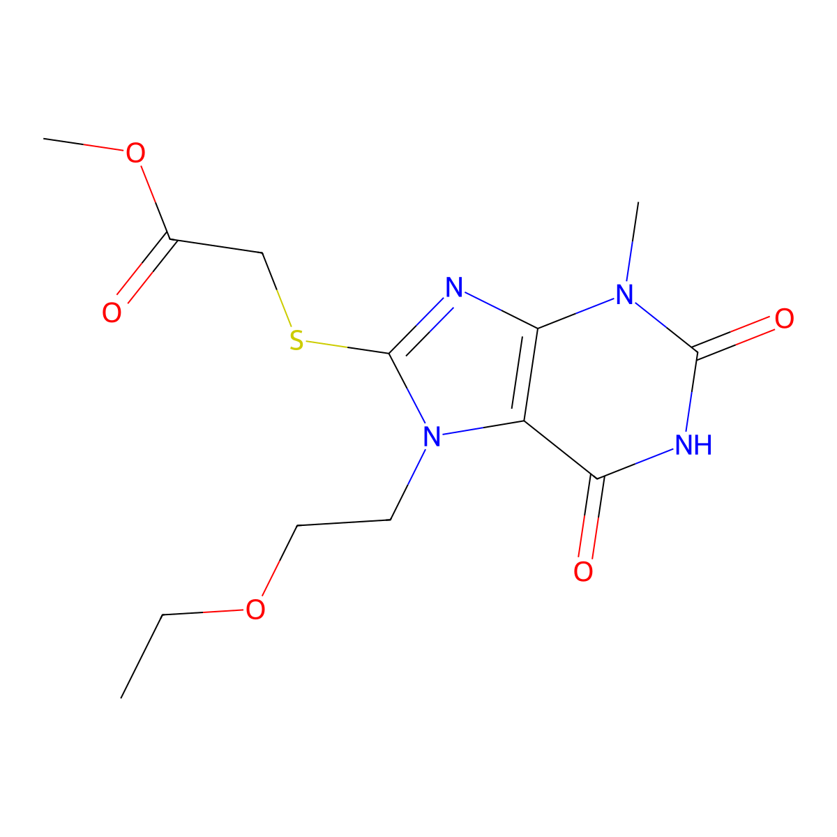 Methyl 2-[7-(2-ethoxyethyl)-3-methyl-2,6-dioxopurin-8-yl]sulfanylacetate molecular structure, CAS 672896-68-3