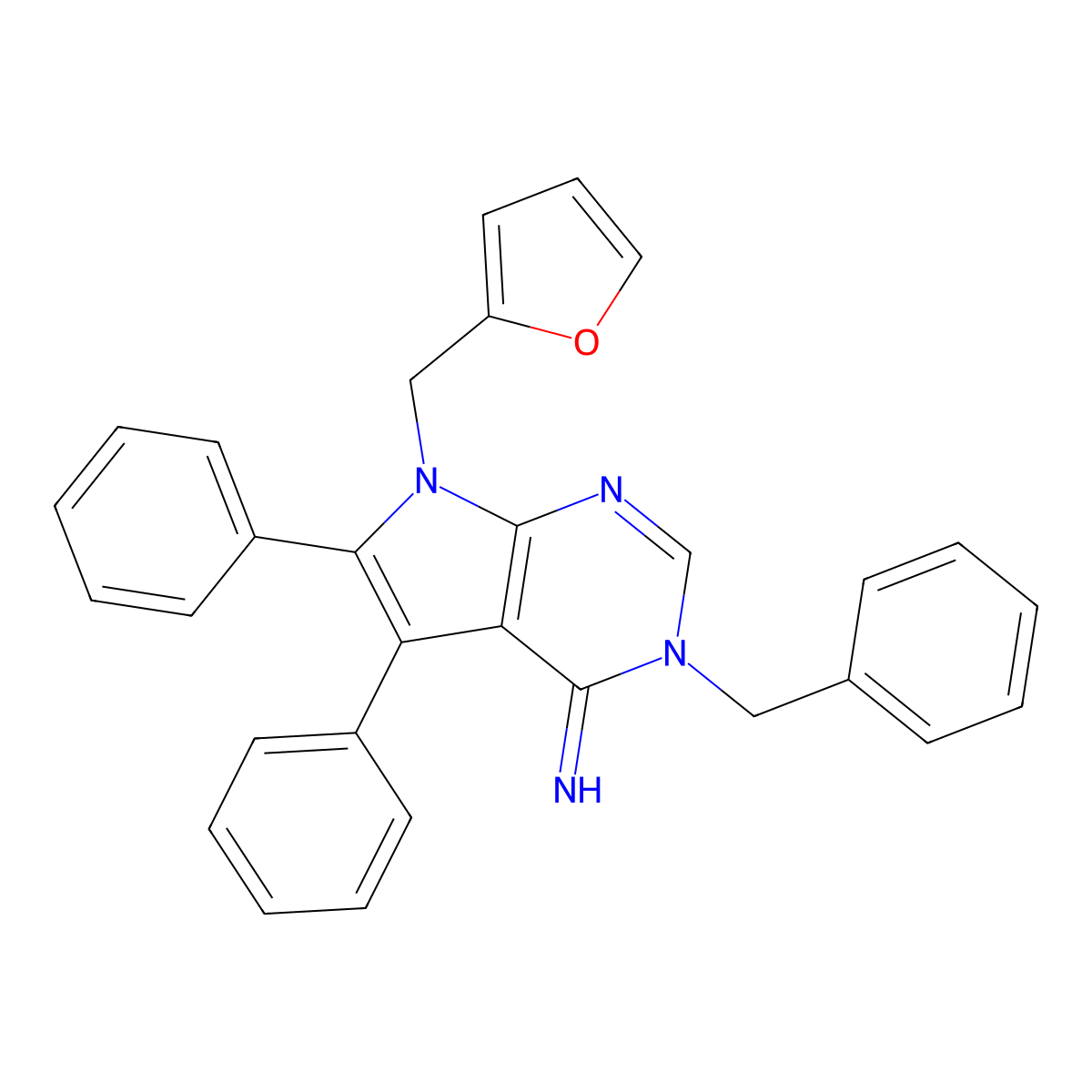 3-benzyl-7-(2-furylmethyl)-5,6-diphenyl-3,7-dihydro-4H-pyrrolo[2,3-d]pyrimidin-4-imine molecular structure, CAS 672901-52-9