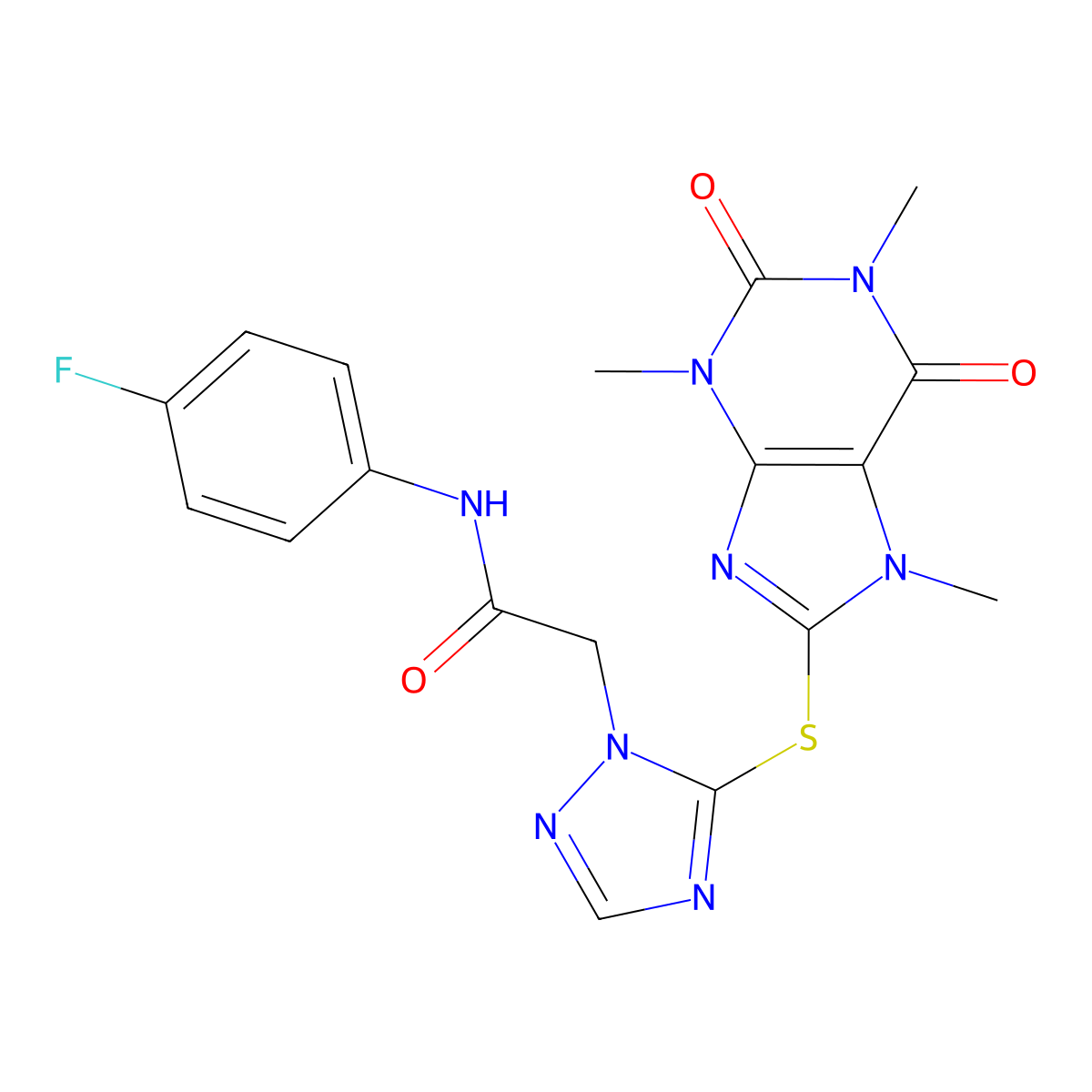 N-(4-fluorophenyl)-2-[5-(1,3,7-trimethyl-2,6-dioxopurin-8-yl)sulfanyl-1,2,4-triazol-1-yl]acetamide molecular structure, CAS 672901-79-0