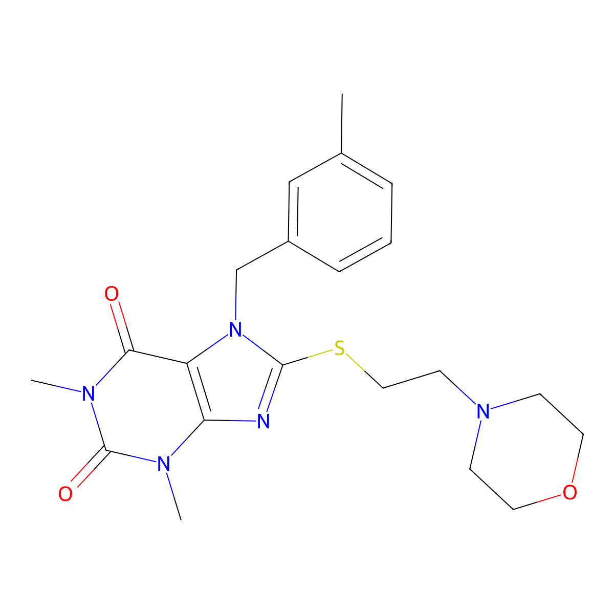 1,3-dimethyl-7-(3-methylbenzyl)-8-((2-morpholinoethyl)thio)-1H-purine-2,6(3H,7H)-dione molecular structure, CAS 672902-37-3
