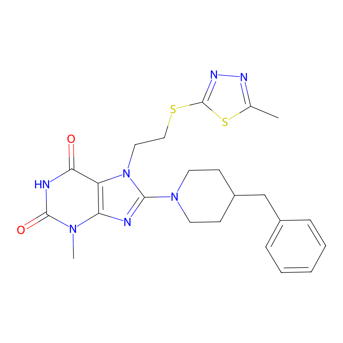 8-(4-benzylpiperidin-1-yl)-3-methyl-7-(2-((5-methyl-1,3,4-thiadiazol-2-yl)thio)ethyl)-1H-purine-2,6(3H,7H)-dione molecular structure, CAS 672913-78-9