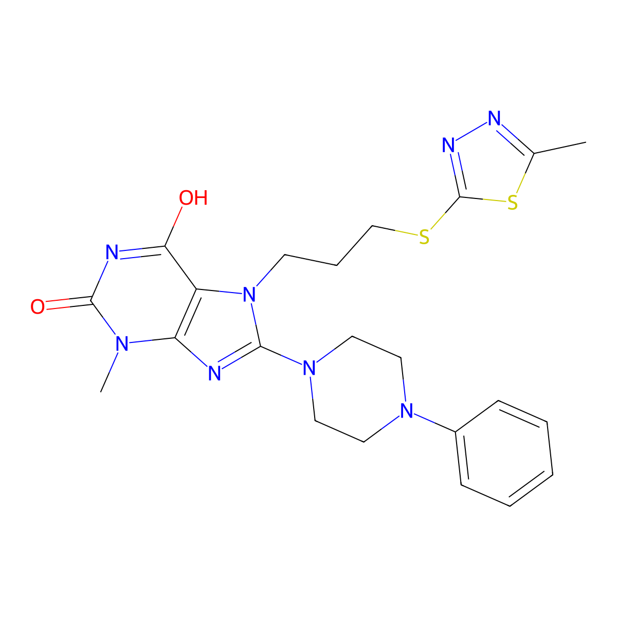 3-Methyl-7-[3-[(5-methyl-1,3,4-thiadiazol-2-yl)sulfanyl]propyl]-8-(4-phenylpiperazin-1-yl)purine-2,6-dione molecular structure, CAS 672914-29-3