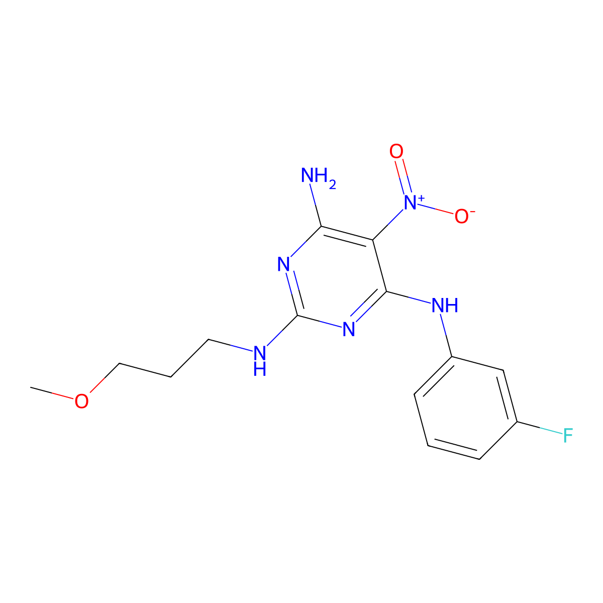 N4-(3-fluorophenyl)-N2-(3-methoxypropyl)-5-nitropyrimidine-2,4,6-triamine molecular structure, CAS 672915-68-3